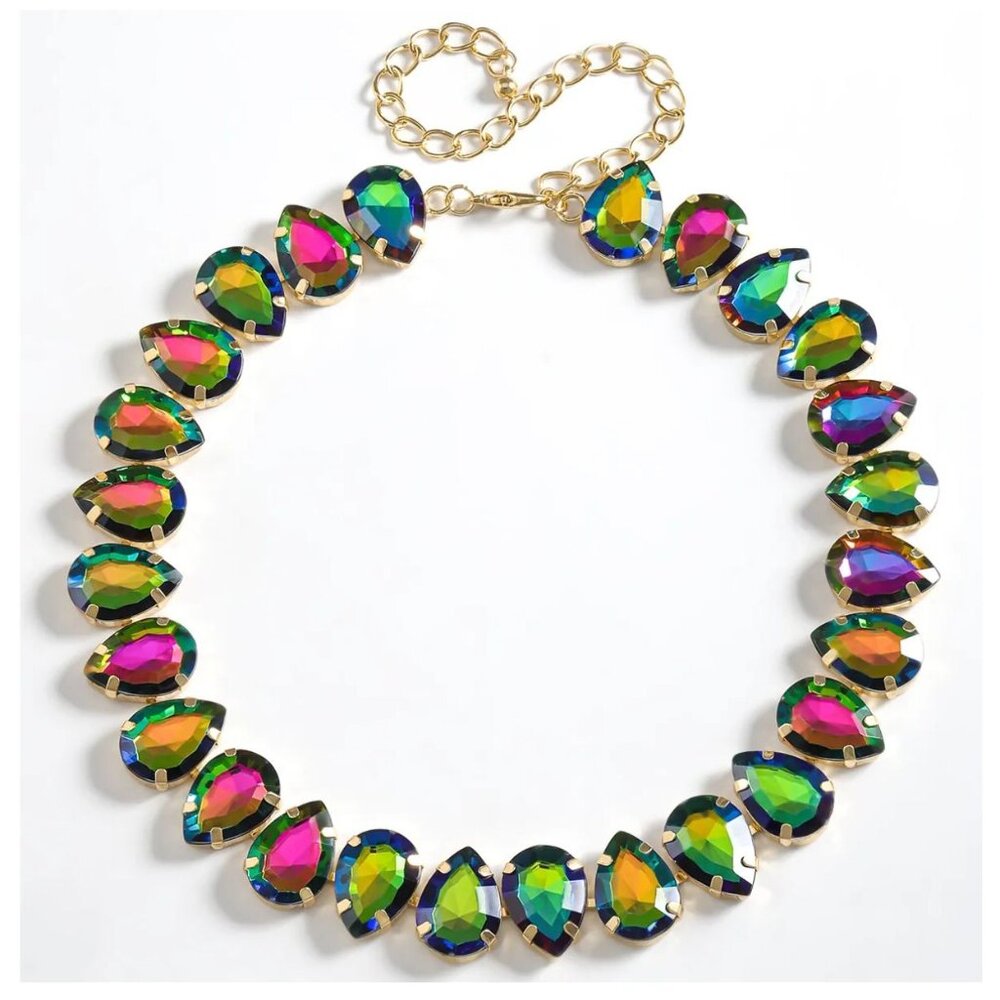 Multicolor Watermelon Glass Teardrop Necklace With Gold Chain